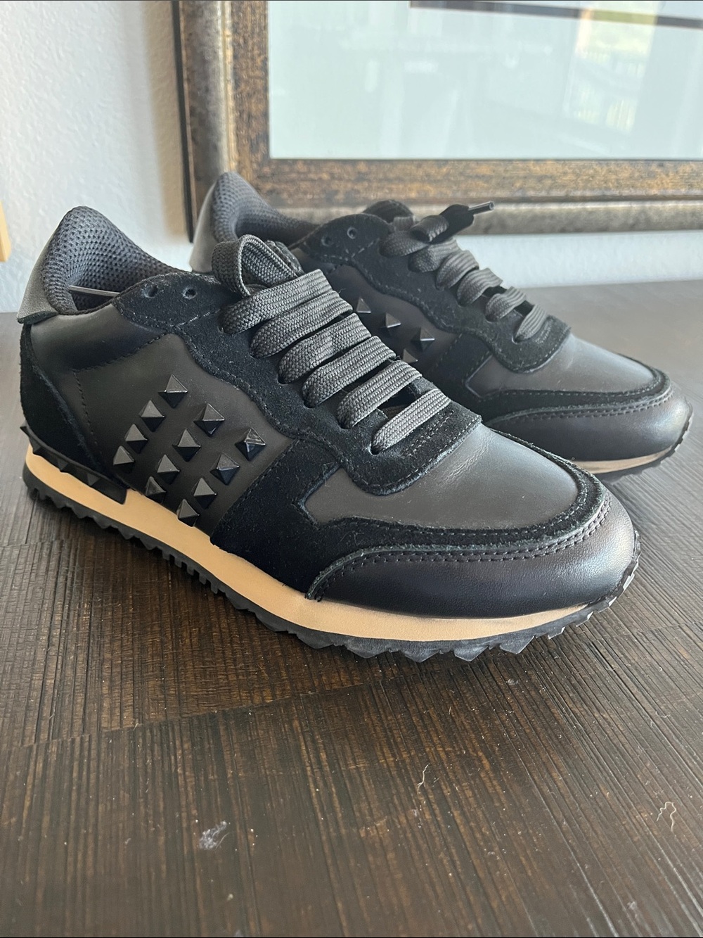 Valentino Garavani Black Leather & Suede Rockstud Runner Sneakers